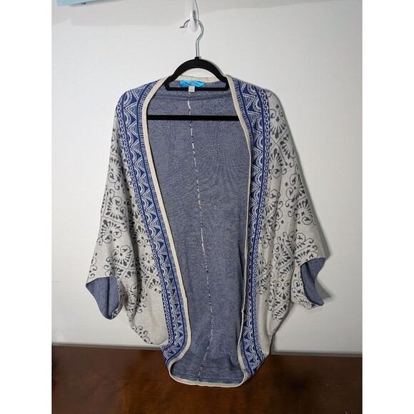 Buttons Brand Open-Knit Cardigan shrug shawl L Blue White Textured Aztec Boho EU - Picture 5 of 5